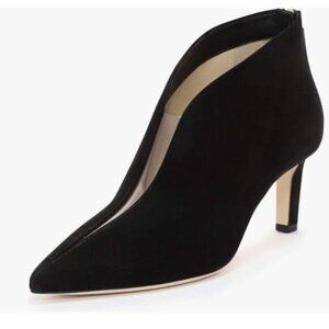 YDN Black Pointed Toe V Cut Ankle Booties Mid Heel Faux Suede PVC Zippers Prom